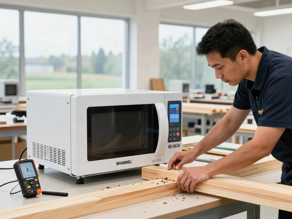 Technician using SHASHEL® microwave device for effective woodworm elimination in a modern workshop.
