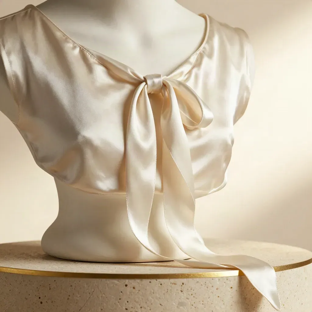 Ivory satin tie-neck top with pearl stud and silk ribbon on travertine pedestal.