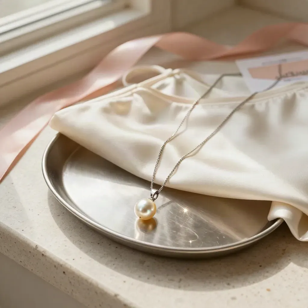 Pearl drop necklace on silk camisole and metal tray with blush accent.