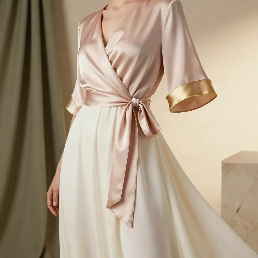 Blush satin wrap top with ivory chiffon and gold cuff in soft atelier light