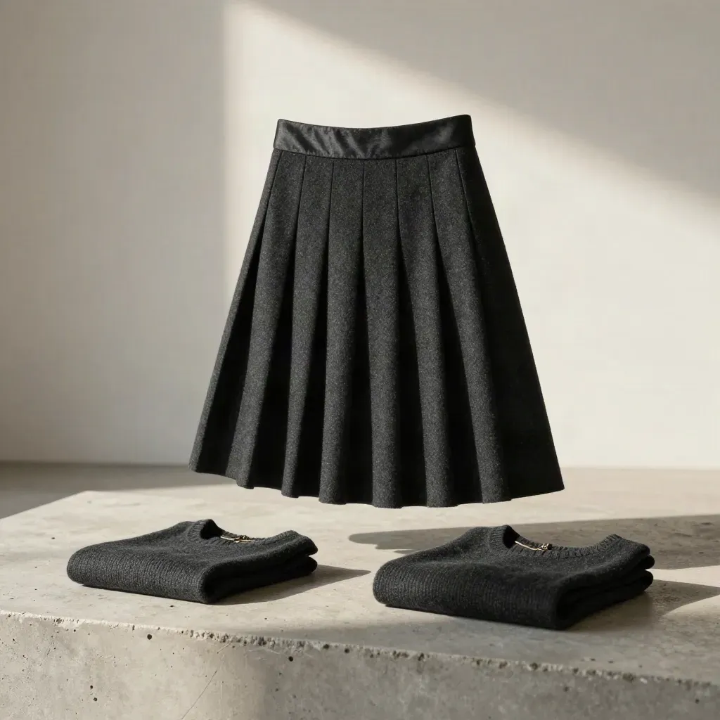 Black pleated mini skirt fanned open beside a satin waistband detail on pale concrete.