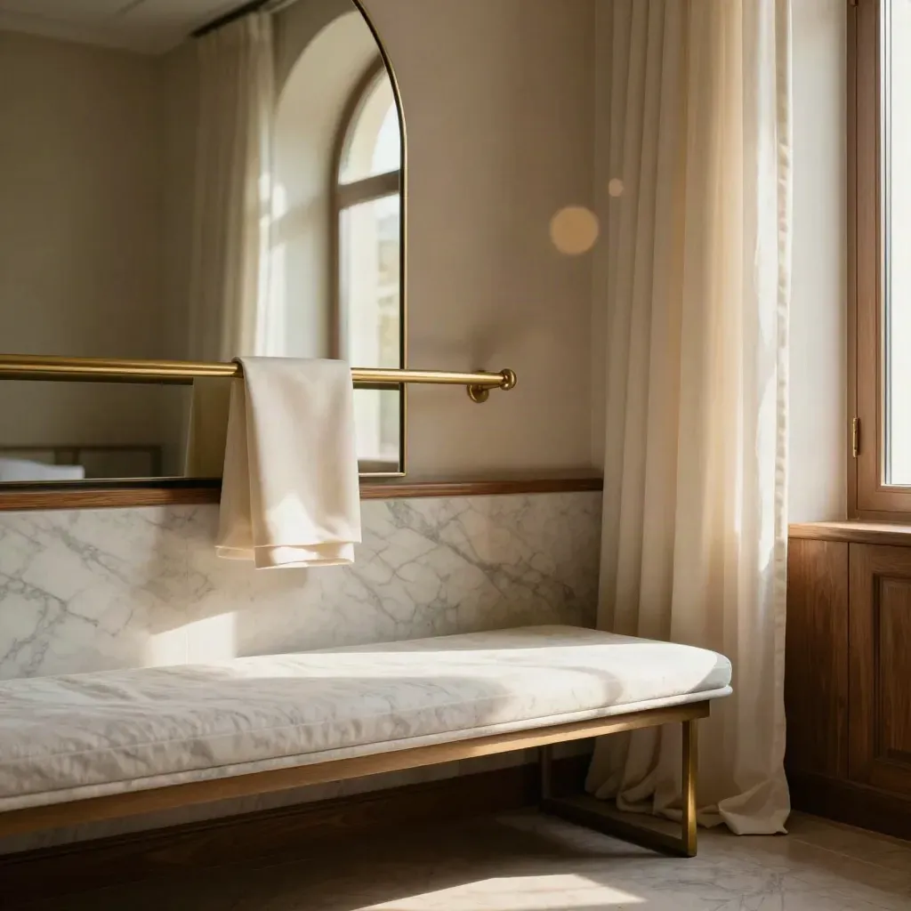 Sunlit dressing-room corner with marble bench, arched mirror and a lifting cream curtain.